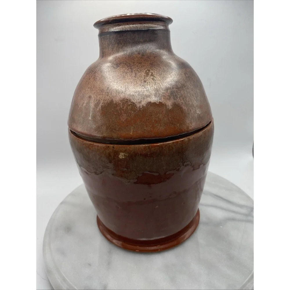 Studio Pottery Artisan Lidded Jar Brown Bronze Metallic Glaze 9.5 In Handcrafted
